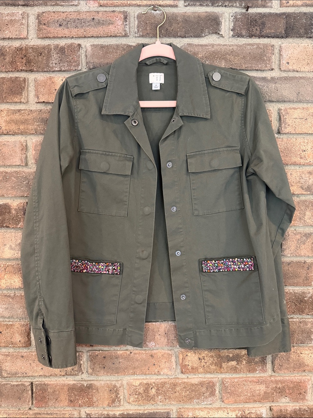 Embellished Pocket Olive Utility Jacket -